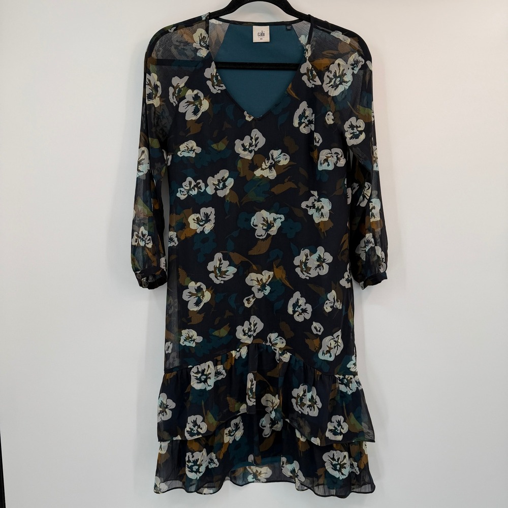 Cabi 3460 Pirouette Blue Floral V-Neck Ruffle Hem Lined Shift Dress‎ XS Cottage